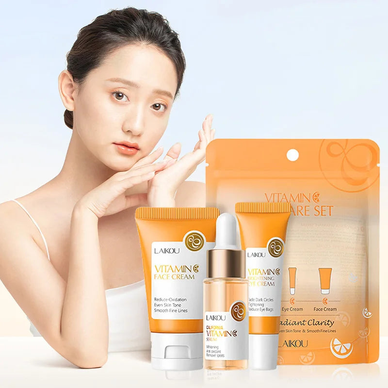 LAIKOU Vitamin C Skincare Set 3pcs — Face Cream, Serum & Eye Cream for Brightening & Anti-Wrinkle