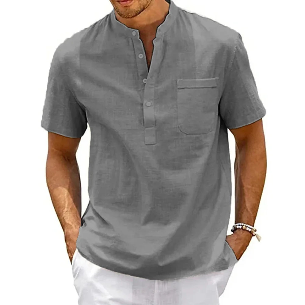 Men's Cotton Linen Henley Shirt — Casual Beach Short Sleeve Top in Solid Colours