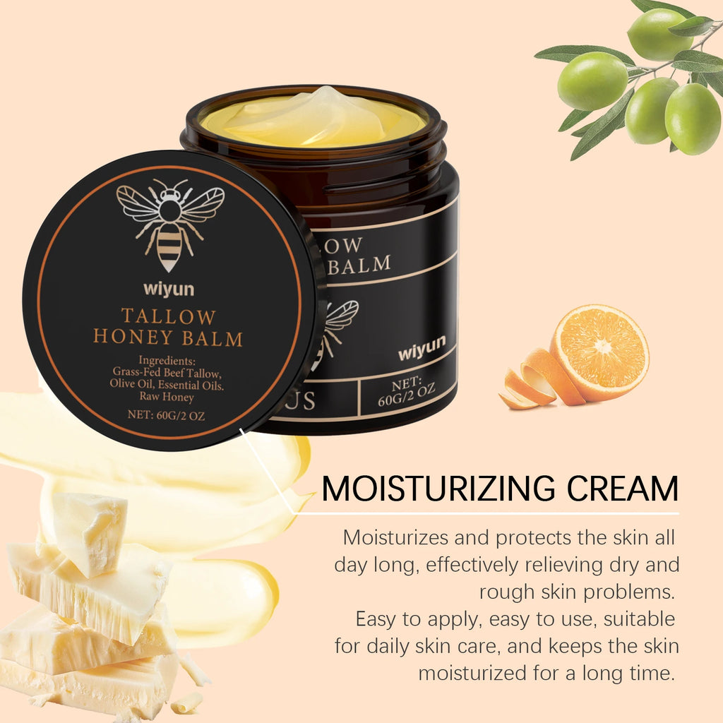 Organic Grass-Fed Beef Tallow Balm with Raw Honey — Soothing, Anti-Aging Night Cream for Dry & Cracked Skin
