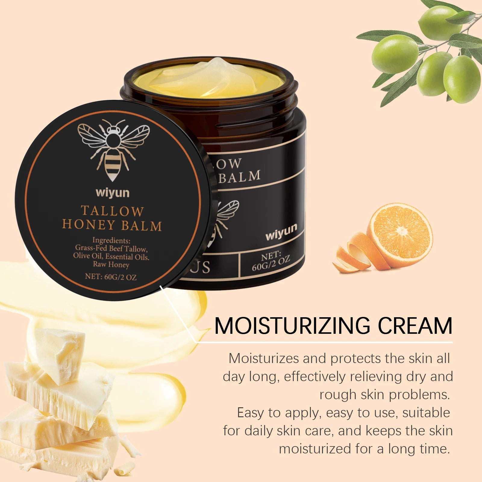 Organic Grass-Fed Beef Tallow Balm with Raw Honey — Soothing, Anti-Aging Night Cream for Dry & Cracked Skin