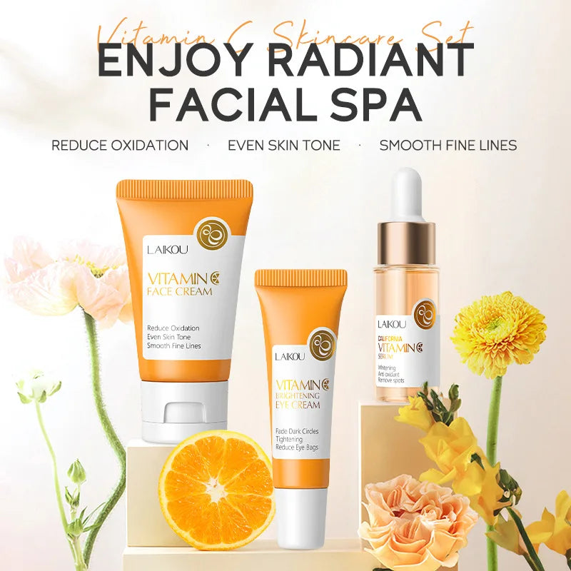 LAIKOU Vitamin C Skincare Set 3pcs — Face Cream, Serum & Eye Cream for Brightening & Anti-Wrinkle