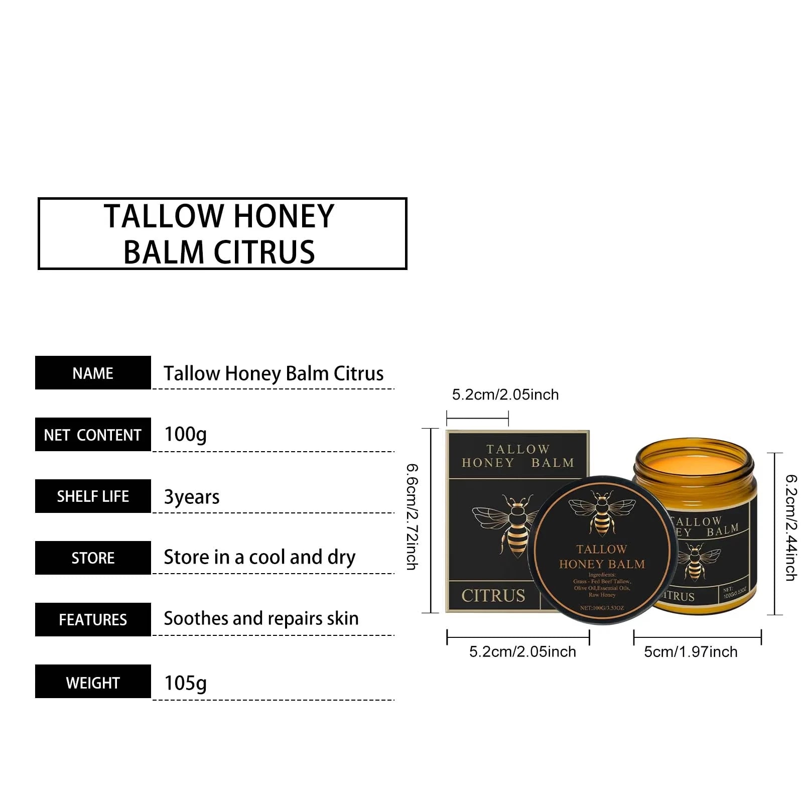 Organic Grass-Fed Beef Tallow Balm with Raw Honey — Soothing, Anti-Aging Night Cream for Dry & Cracked Skin