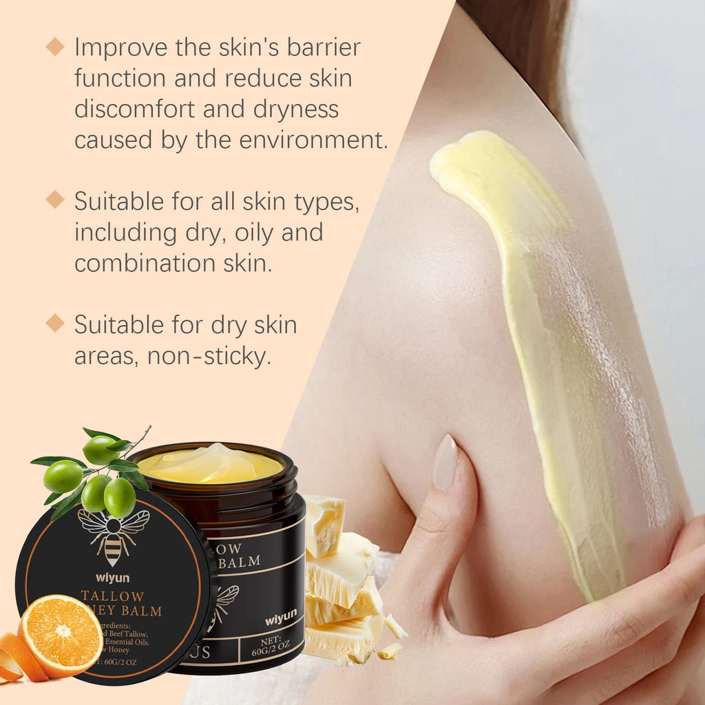 Organic Grass-Fed Beef Tallow Balm with Raw Honey — Soothing, Anti-Aging Night Cream for Dry & Cracked Skin