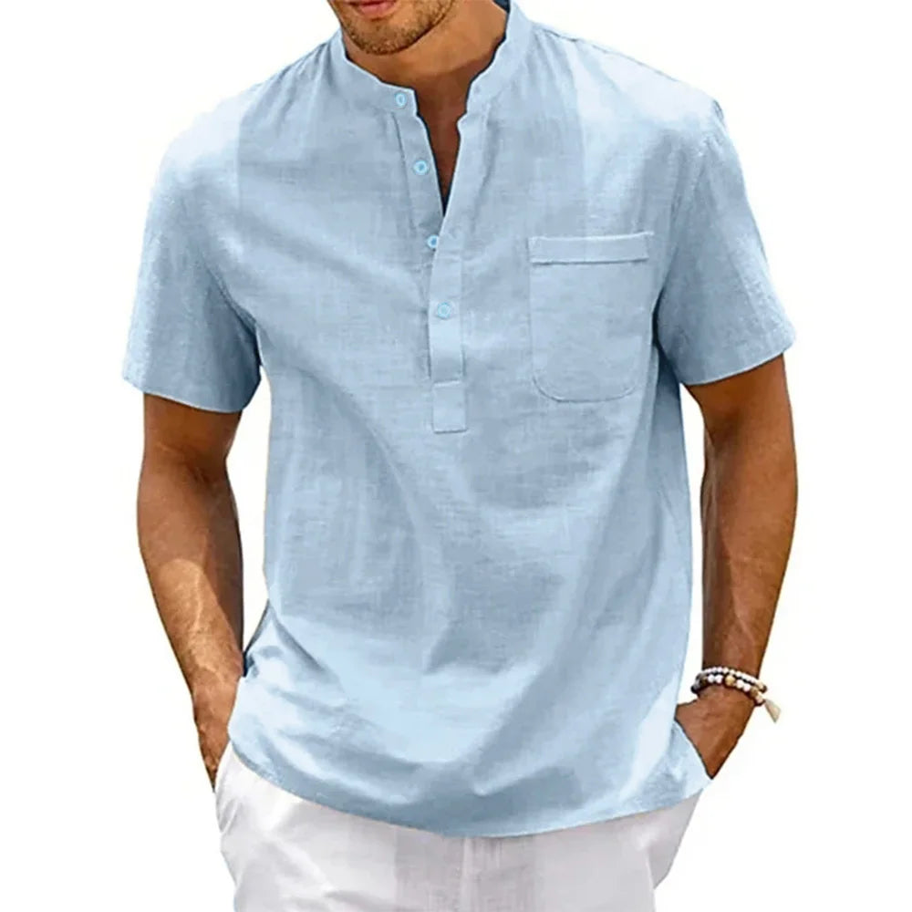 Men's Cotton Linen Henley Shirt — Casual Beach Short Sleeve Top in Solid Colours