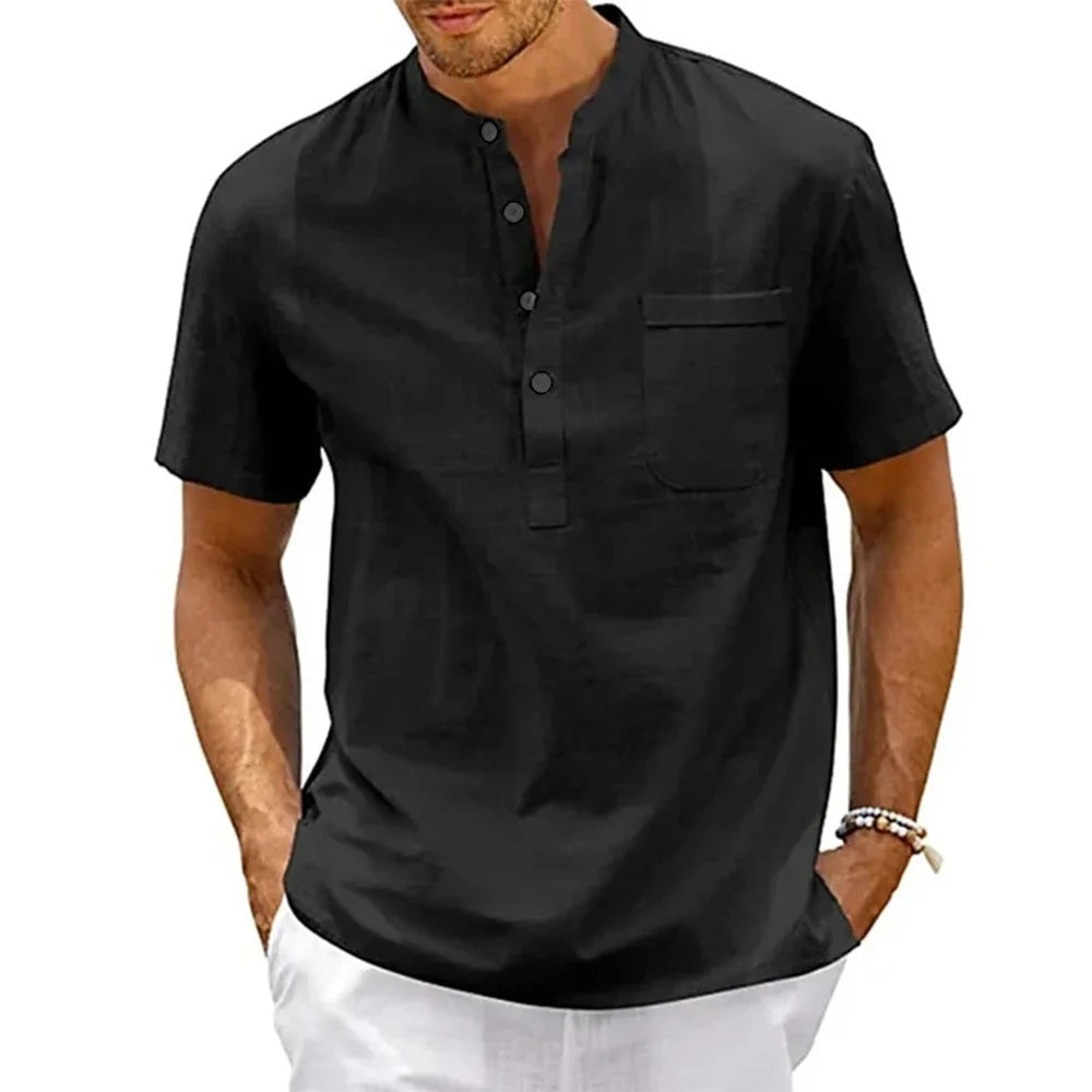 Men's Cotton Linen Henley Shirt — Casual Beach Short Sleeve Top in Solid Colours