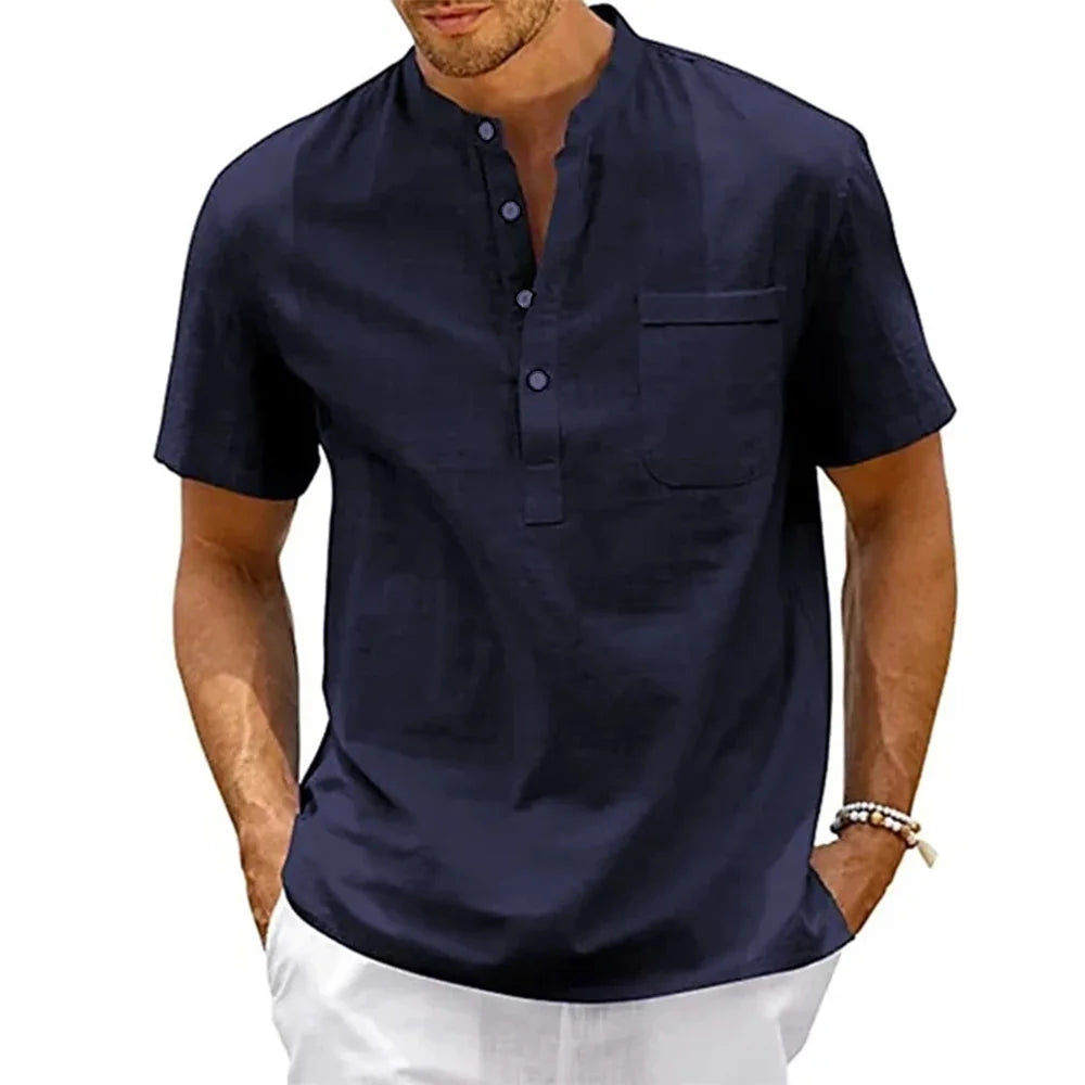 Men's Cotton Linen Henley Shirt — Casual Beach Short Sleeve Top in Solid Colours