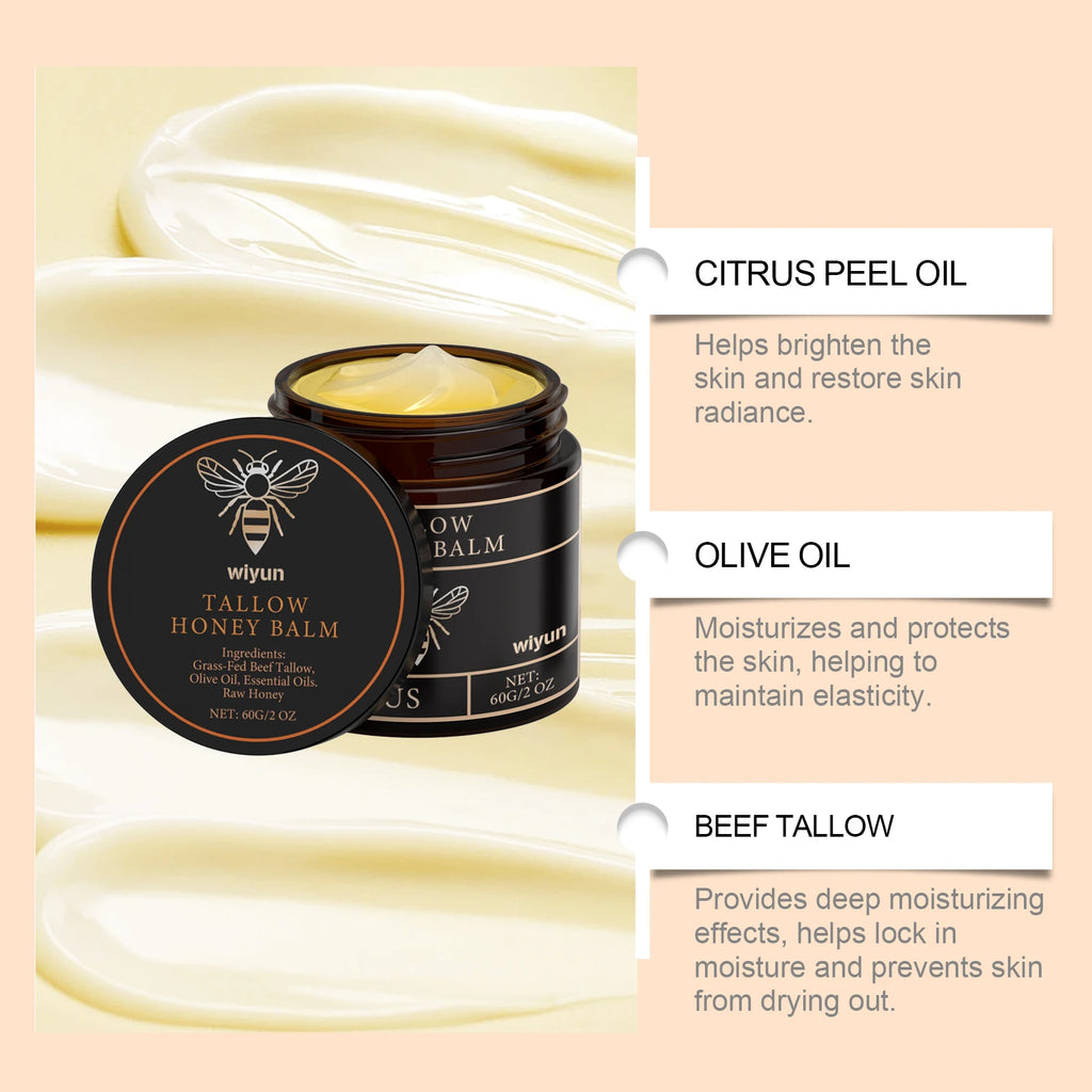 Organic Grass-Fed Beef Tallow Balm with Raw Honey — Soothing, Anti-Aging Night Cream for Dry & Cracked Skin