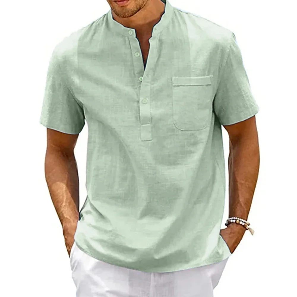 Men's Cotton Linen Henley Shirt — Casual Beach Short Sleeve Top in Solid Colours