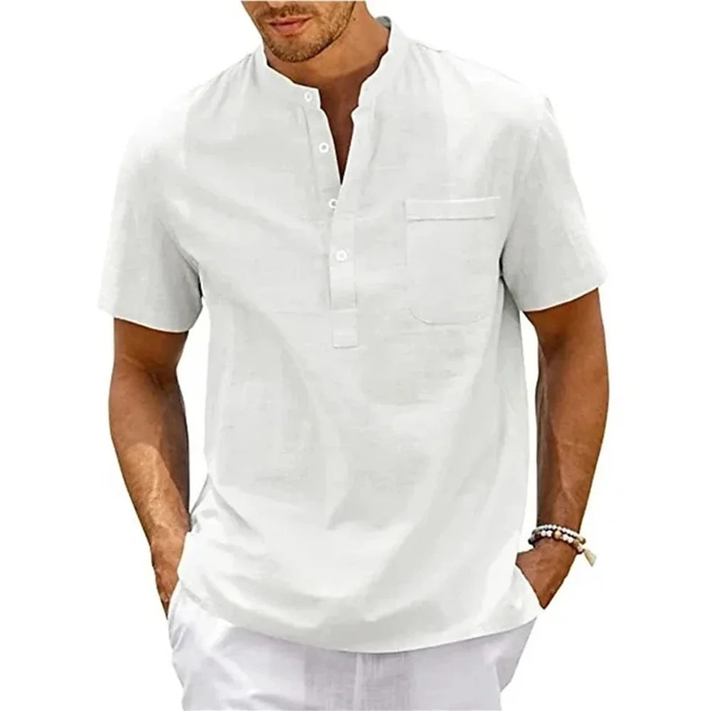 Men's Cotton Linen Henley Shirt — Casual Beach Short Sleeve Top in Solid Colours