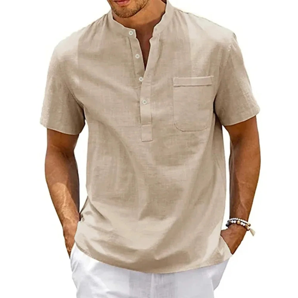 Men's Cotton Linen Henley Shirt — Casual Beach Short Sleeve Top in Solid Colours