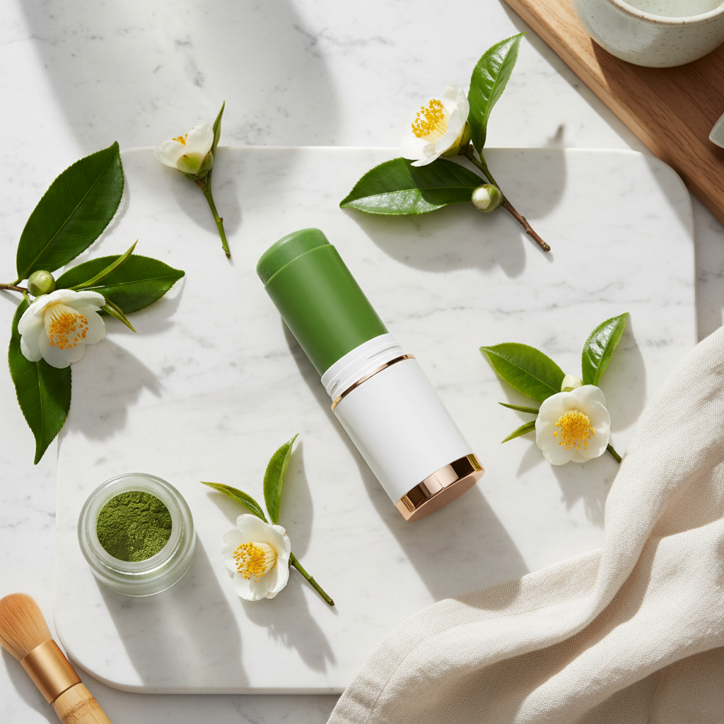 Green Tea Deep Cleansing Stick Mask lifestyle flat lay on marble with green tea leaves and white flowers