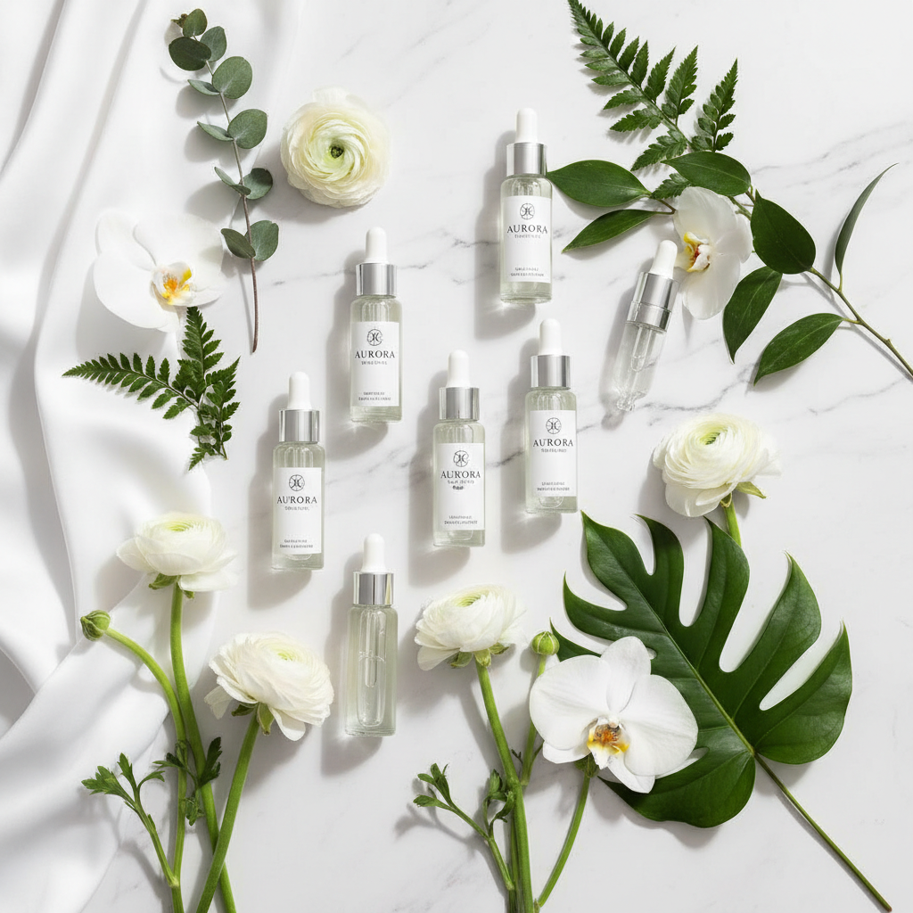 Collagen Ampoule Needle Serum lifestyle flat lay on marble with white flowers and botanical leaves