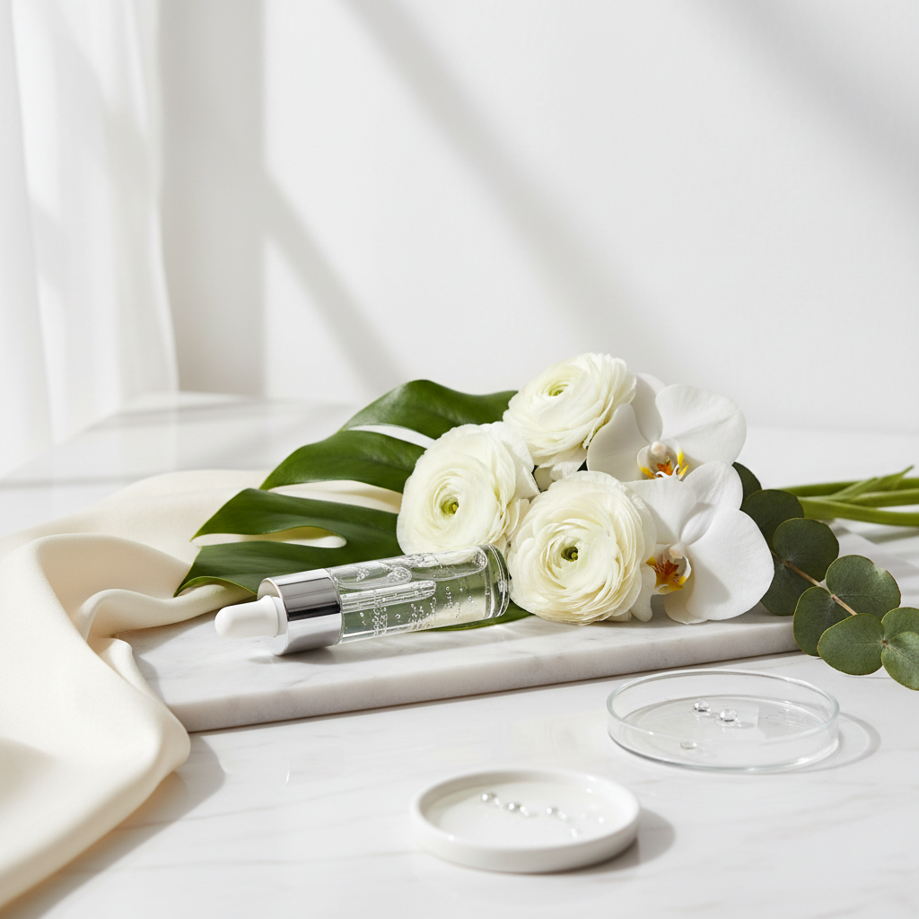 Polypeptide Anti-Wrinkle Face Serum lifestyle flat lay on marble with white flowers and botanical leaves