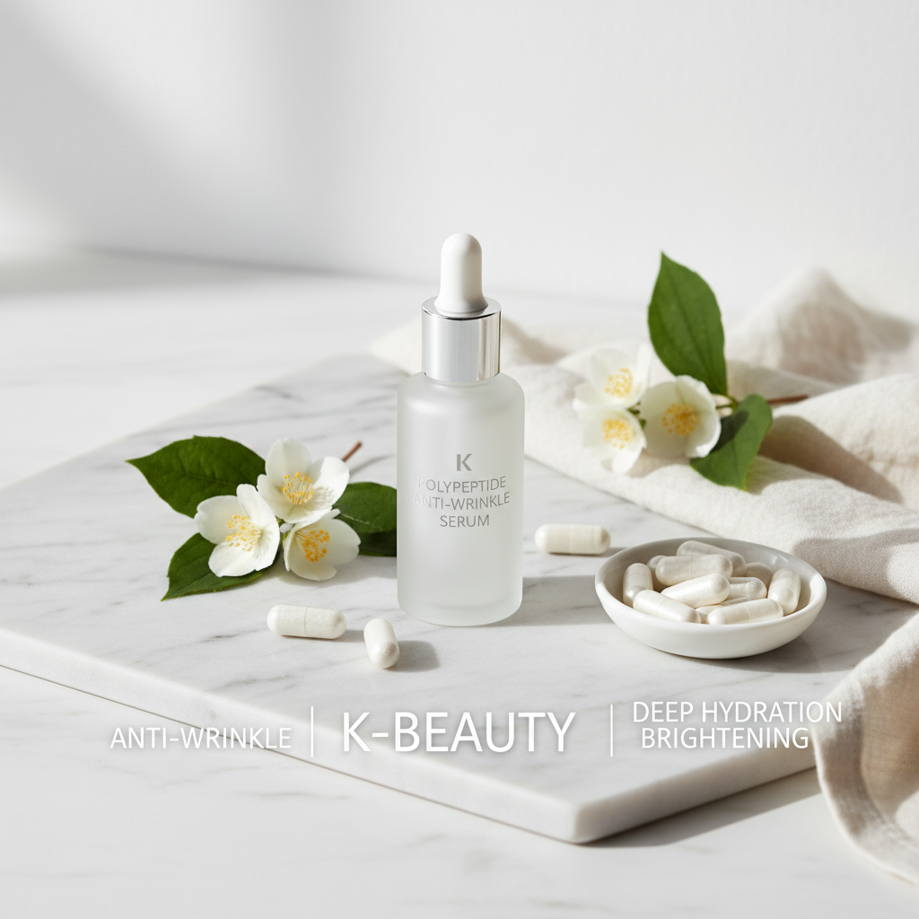 Polypeptide Anti-Wrinkle Face Serum lifestyle flat lay on marble with peptide capsules and white flowers