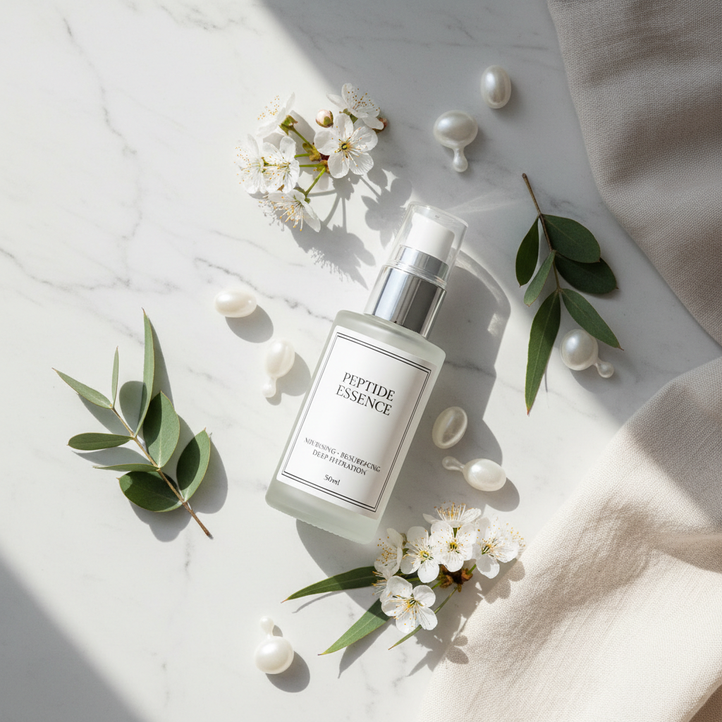Peptide Essence For Face 50ml lifestyle flat lay on marble with peptide capsules and white flowers