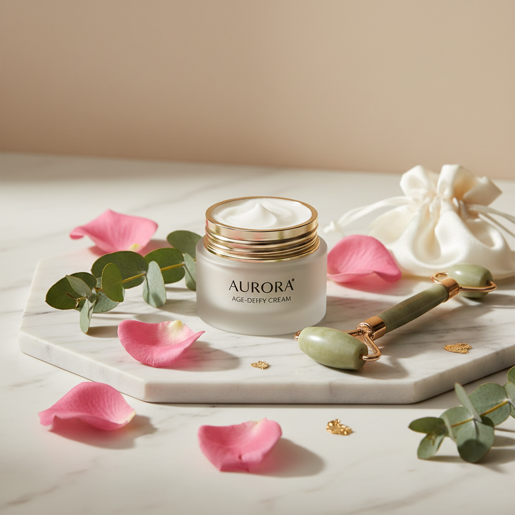 EELHOE Peptide Complex Face Cream lifestyle flat lay on marble with rose petals and jade roller