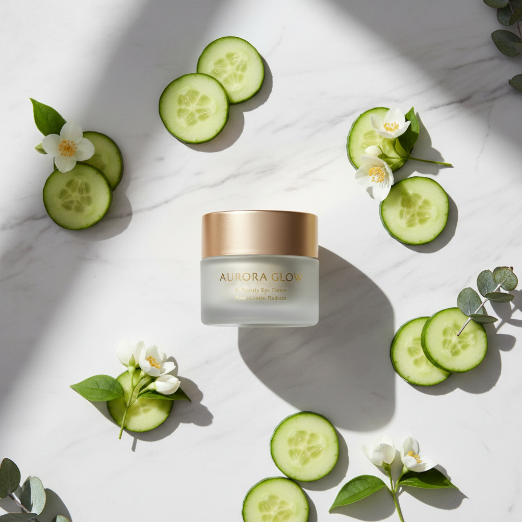 Korean Retinol Eye Cream lifestyle flat lay on marble with cucumber slices and white flowers
