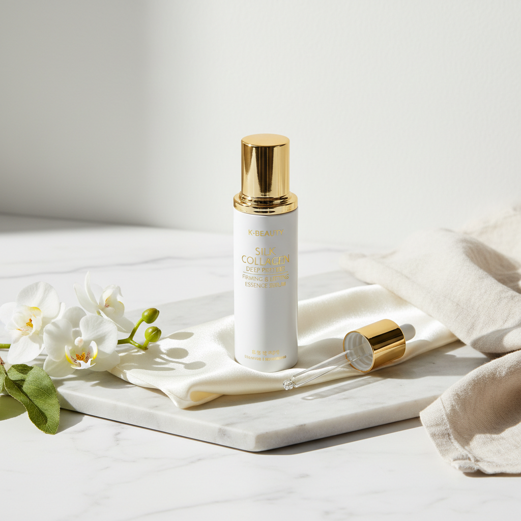 Korean Silk Collagen Essence Serum 40ml lifestyle flat lay on marble with silk fabric, white flowers and green leaves