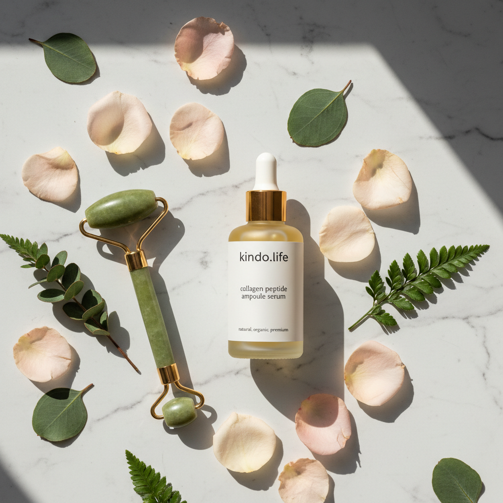 Collagen Peptide Anti-Aging Ampoule Serum lifestyle flat lay on marble with rose petals and jade roller