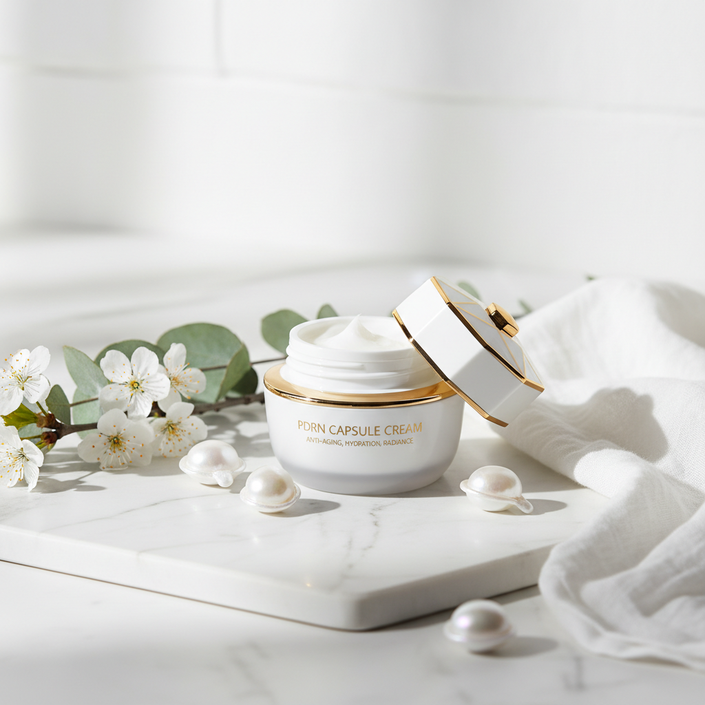 PDRN Peptide Capsule Cream lifestyle flat lay on marble with pearl capsules, white flowers and green leaves