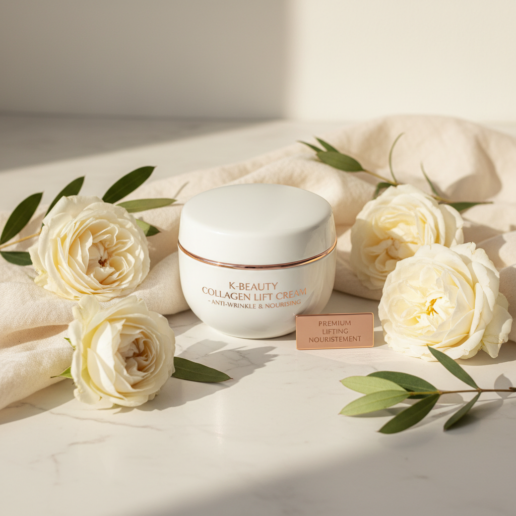 Korean Anti-Wrinkle Collagen Boost Cream lifestyle flat lay on marble with white flowers and green leaves