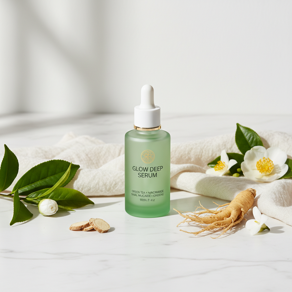 Korean Glow Deep Serum with Green Tea, Niacinamide, Snail Mucin and Ginseng lifestyle flat lay on marble with green tea leaves and ginseng root