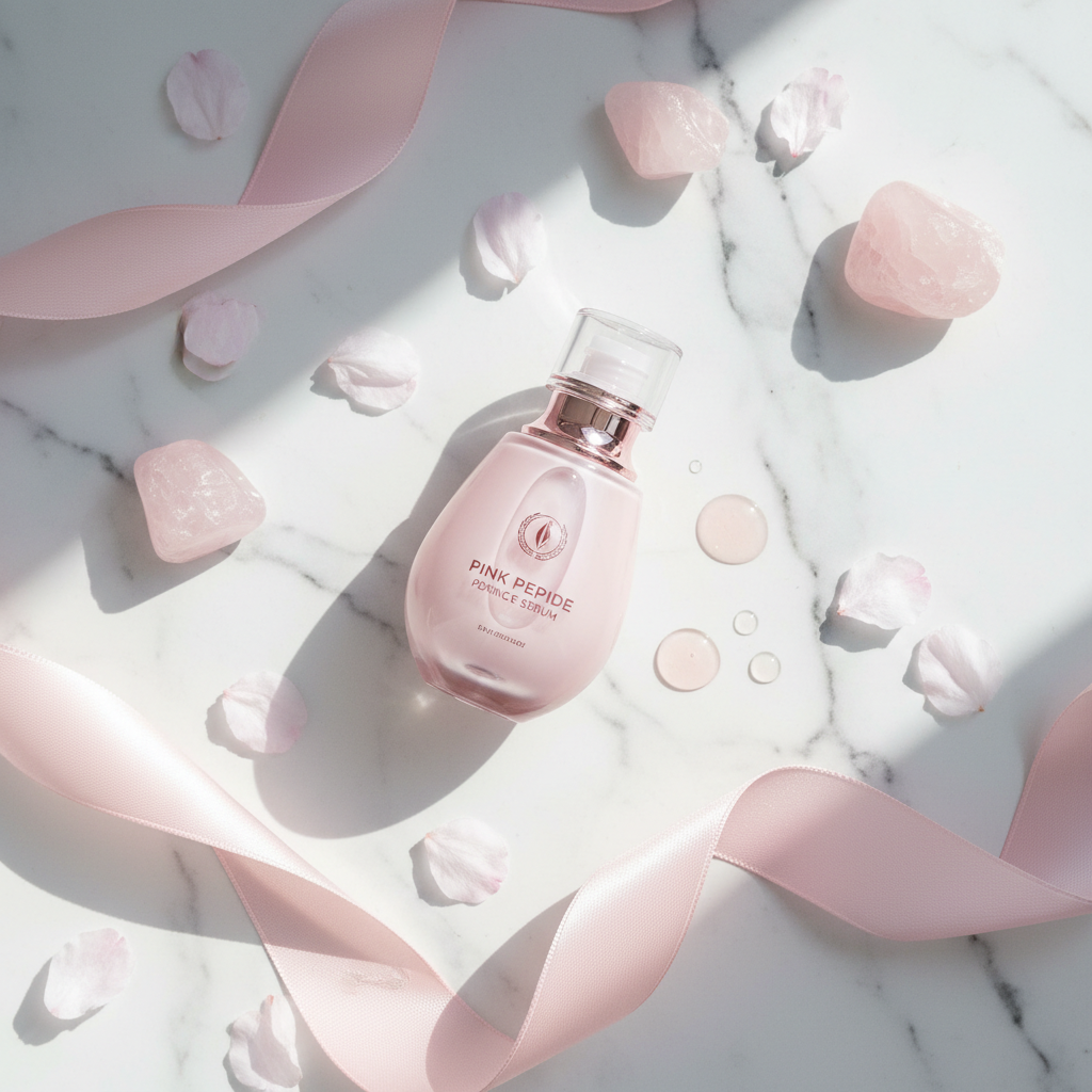 Pink Peptide PDRN Essence Serum lifestyle flat lay on marble with sakura petals and rose quartz crystals