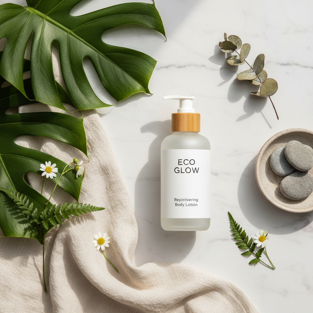 Ecological Emulsion Lotion lifestyle flat lay on marble with botanical leaves and wildflowers