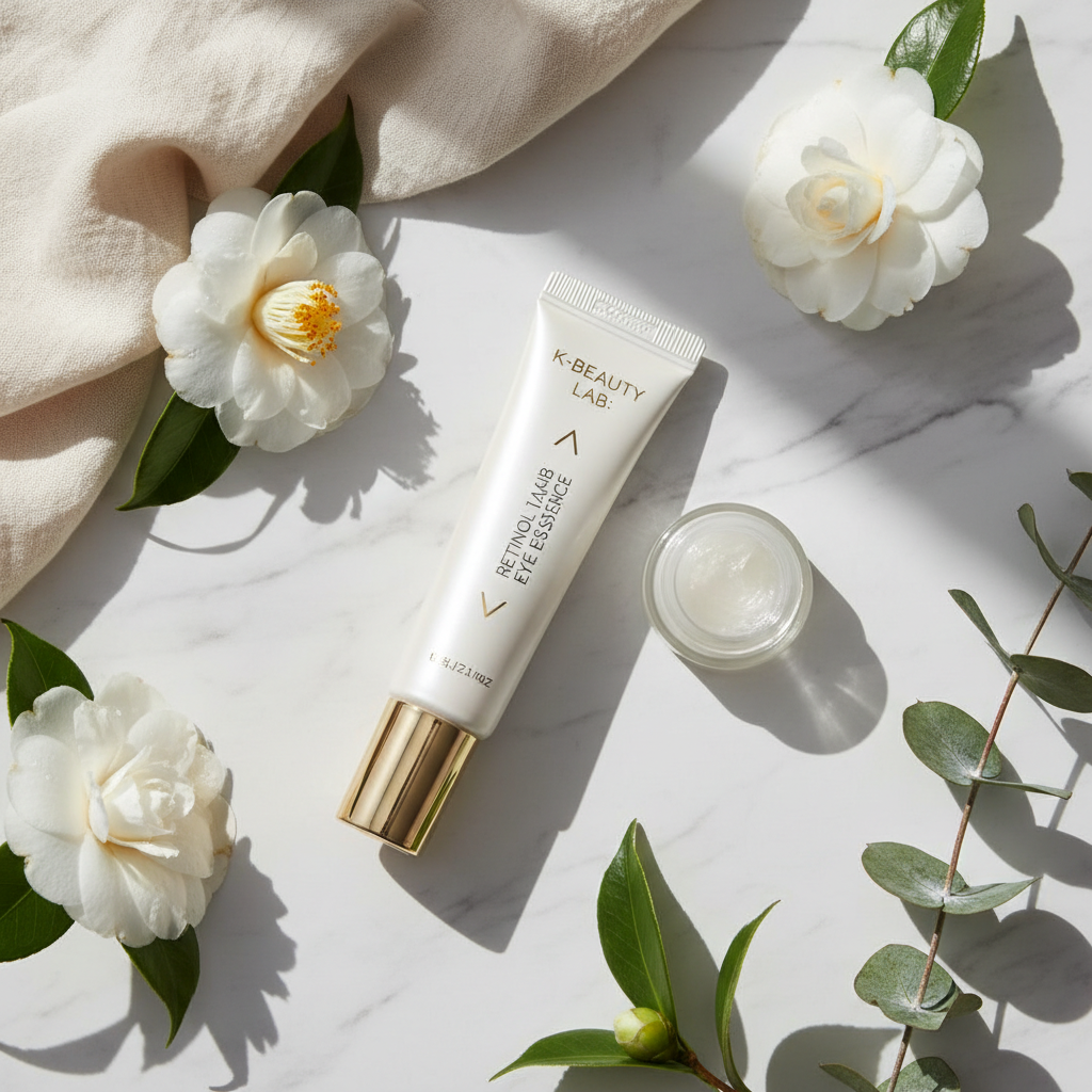 Korean Retinol Shot Eye Essence lifestyle flat lay on marble with white flowers and green leaves