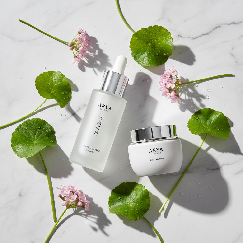 Korean Centella Hyalu-Cica Sun Serum and Moisture Cream Set lifestyle flat lay on marble