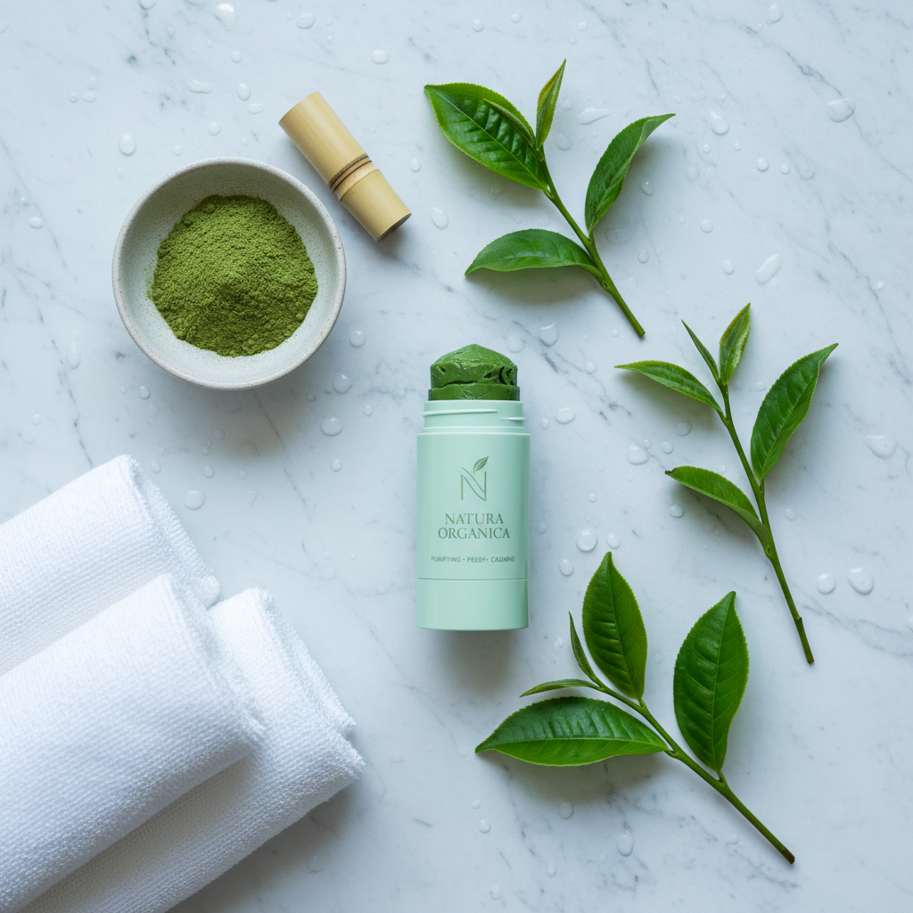 Green Tea Deep Cleansing Stick Mask lifestyle flat lay on marble with green tea leaves and matcha powder
