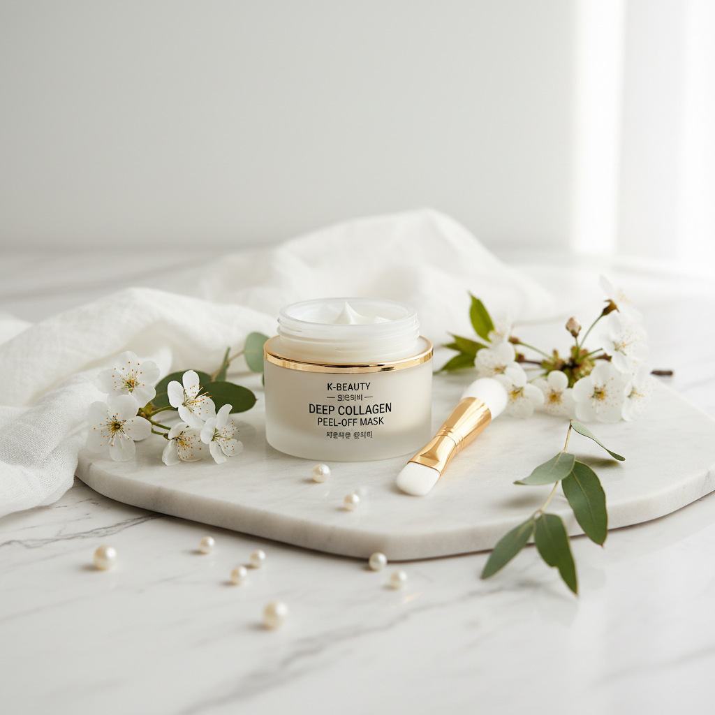 Korean Deep Collagen Peel Off Mask lifestyle flat lay on marble with white flowers and green leaves