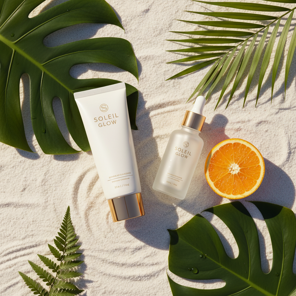SPF 90+ Waterproof Facial Sunscreen lifestyle flat lay on white sand with tropical leaves and golden sunlight