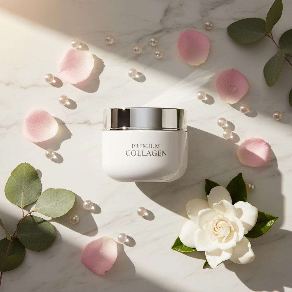 Collagen Face Cream 50g lifestyle flat lay on marble with rose petals and pearl beads
