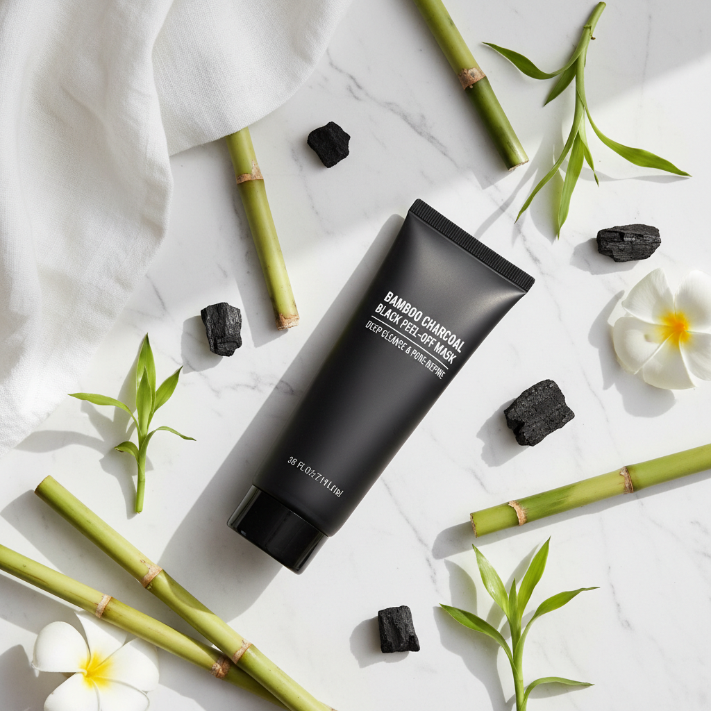 YUITIKUE Bamboo Charcoal Black Peel-Off Mask lifestyle flat lay on marble with charcoal pieces and bamboo