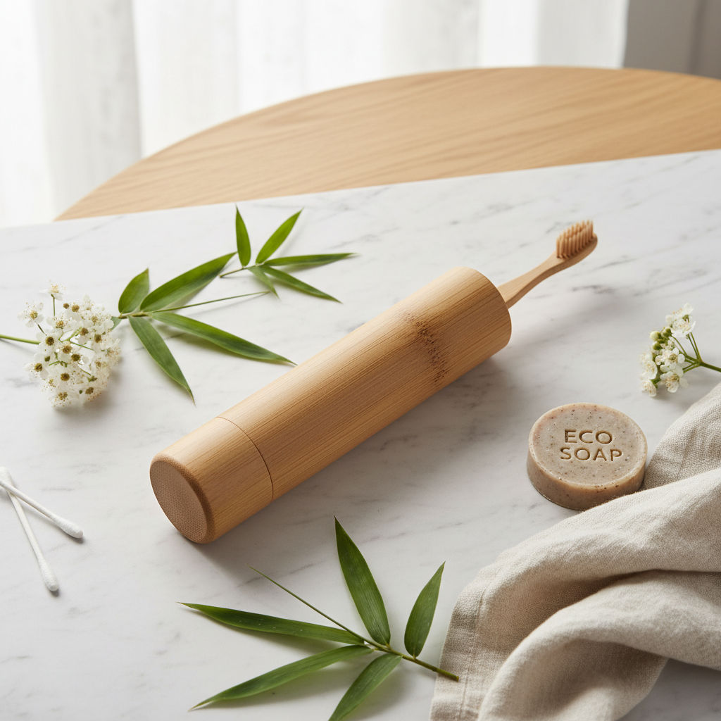 Handmade Bamboo Toothbrush Case lifestyle flat lay on marble with green bamboo leaves and white flowers