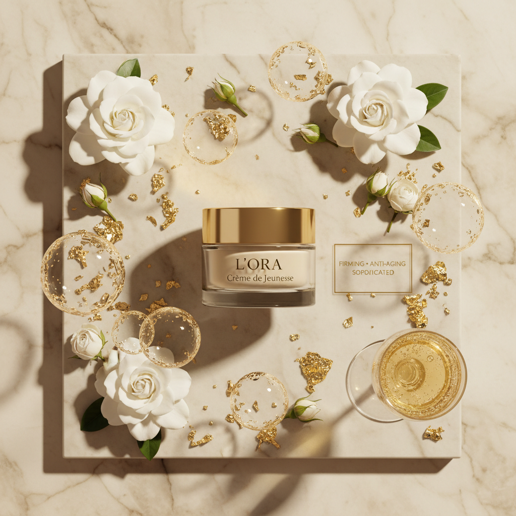 Champagne Firming Body Cream lifestyle flat lay on marble with gold accents and white flowers