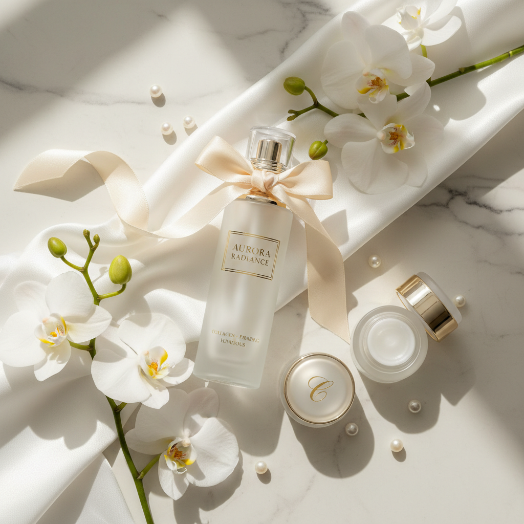 Korean Silk Collagen Essence Serum lifestyle flat lay on marble with white orchids and silk fabric