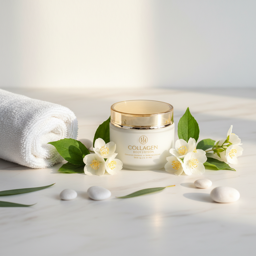 Collagen Body Lotion lifestyle flat lay on marble with jasmine flowers and soft towel