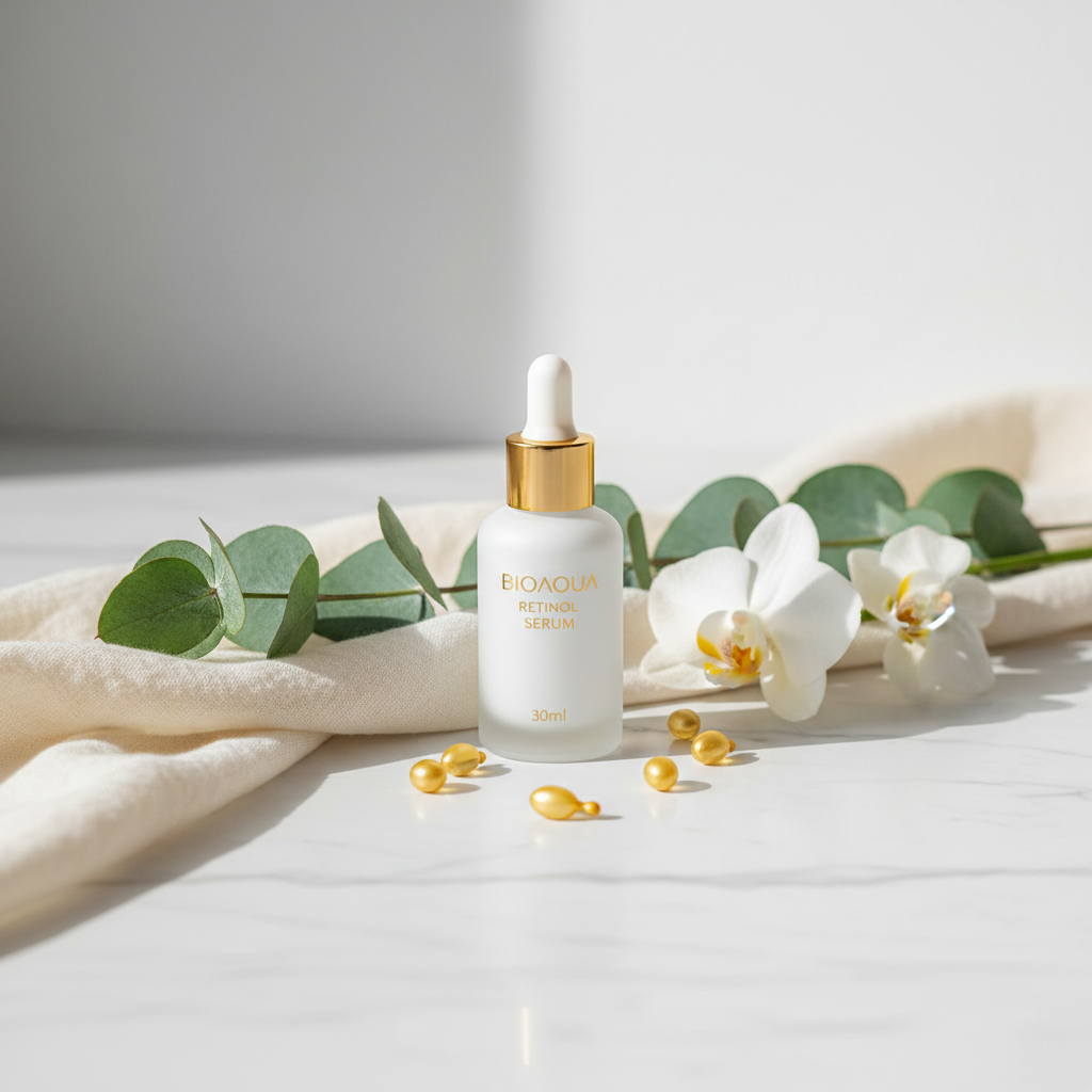 BIOAOUA Retinol Serum 30ml lifestyle flat lay on marble with vitamin A capsules, white flowers and green leaves