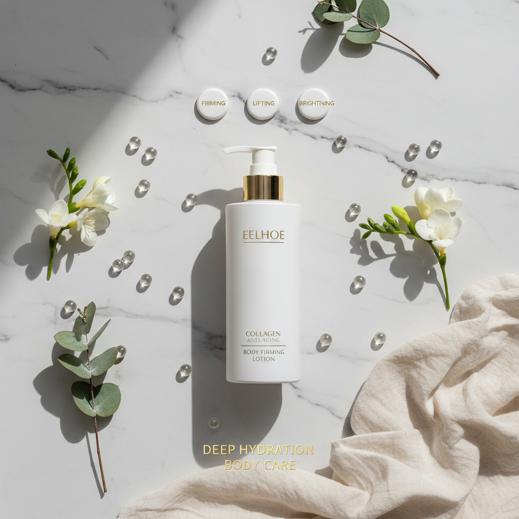 EELHOE Collagen Anti-Aging Body Firming Lotion lifestyle flat lay on marble with collagen pearls and green leaves