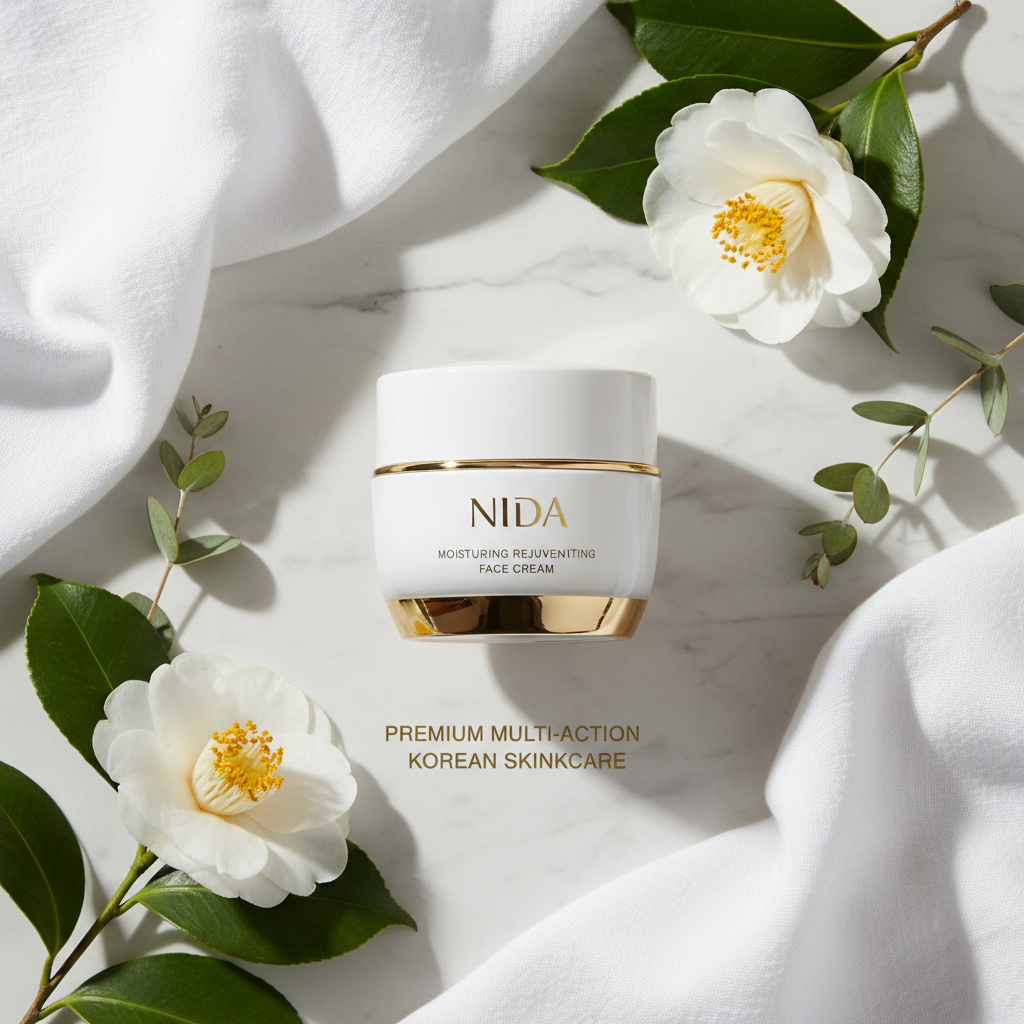 NIDA Multi-Action Rejuvenating Face Cream lifestyle flat lay on marble with white flowers and green leaves