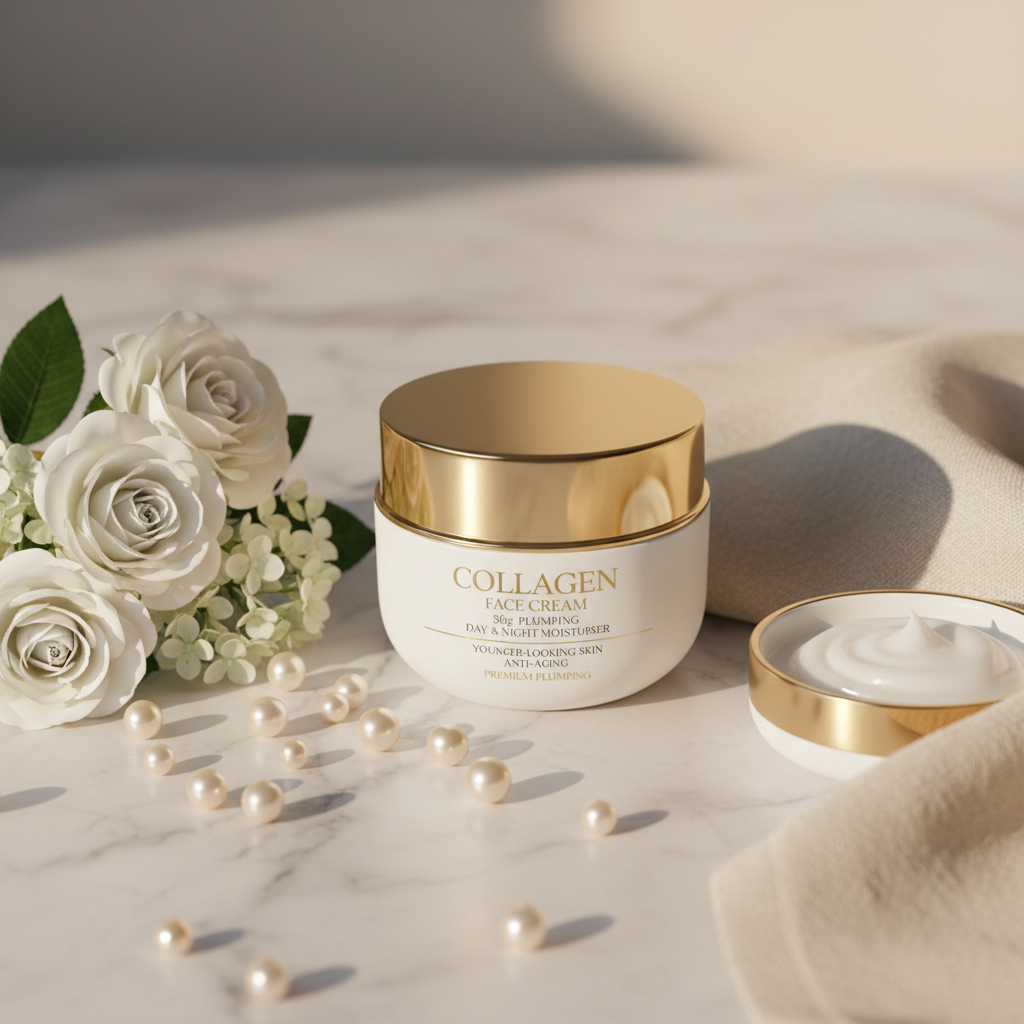 Collagen Face Cream 50g lifestyle flat lay on marble with white flowers and pearl beads
