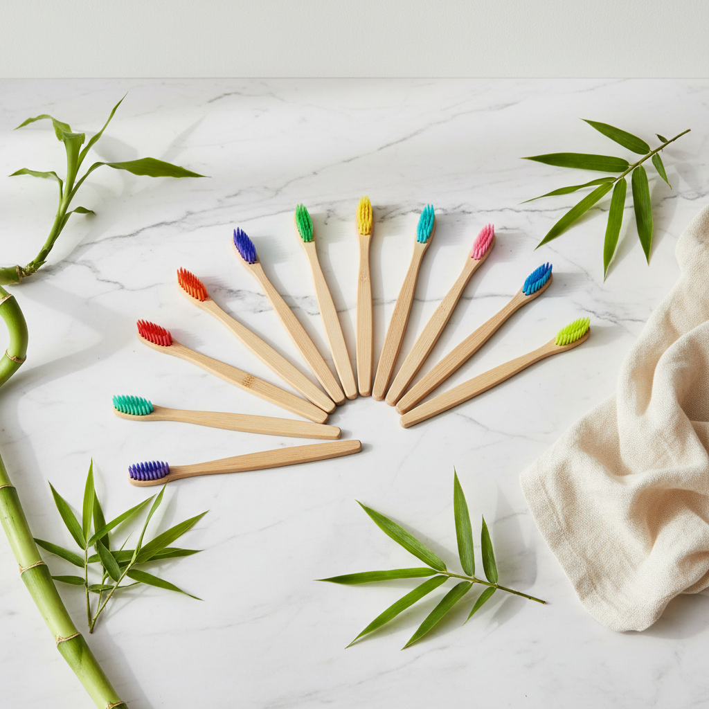 10pcs Rainbow Bamboo Toothbrush Set lifestyle flat lay on marble with green bamboo leaves