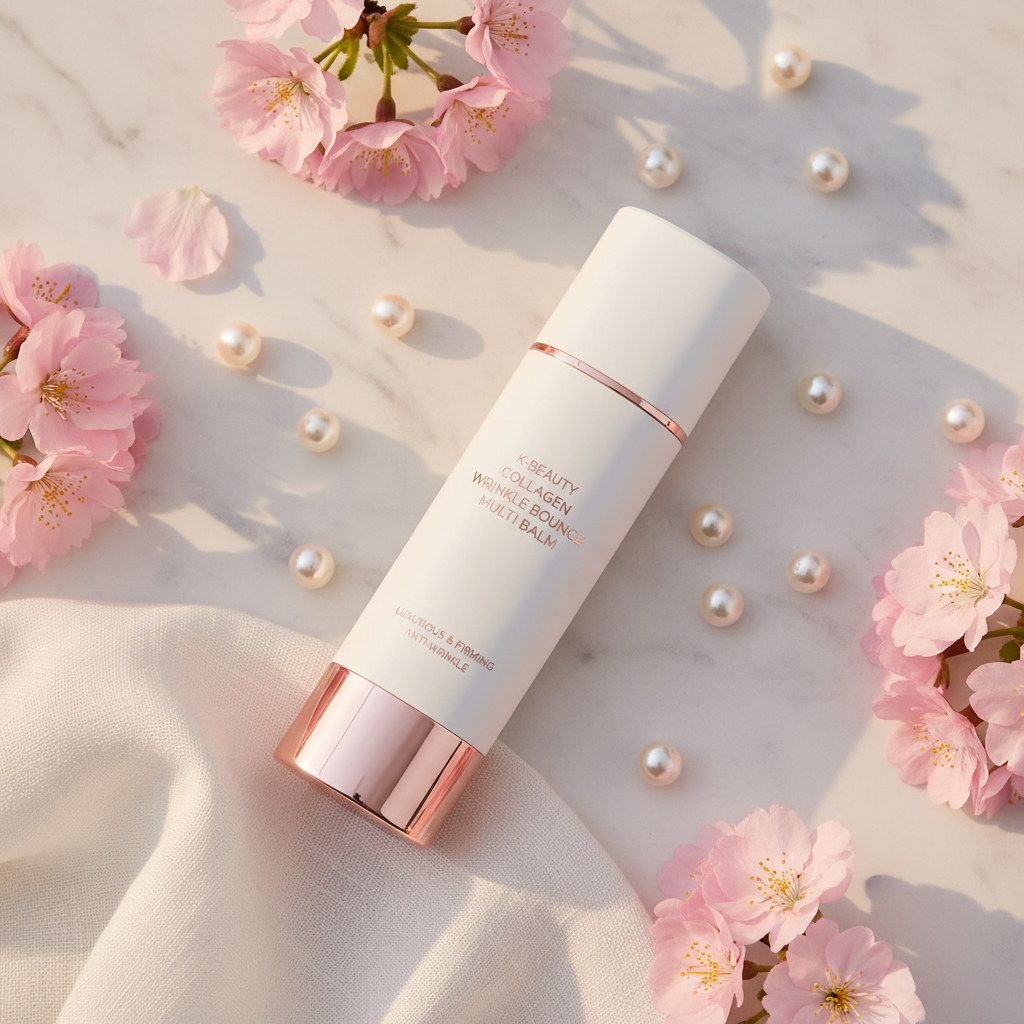 Korean Collagen Wrinkle Bounce Multi Balm Stick lifestyle flat lay on marble with pink flowers and pearl beads