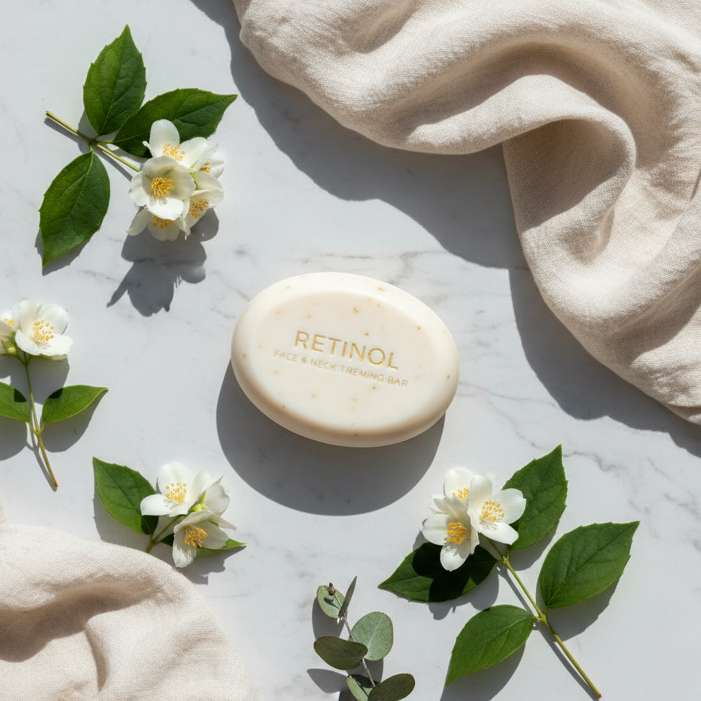 Retinol Face and Neck Firming Treatment Bar lifestyle flat lay on marble with white flowers and green leaves