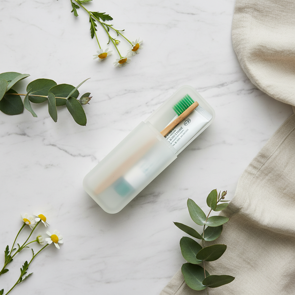 Portable Toothpaste and Toothbrush Travel Case lifestyle flat lay on marble with green leaves and white flowers