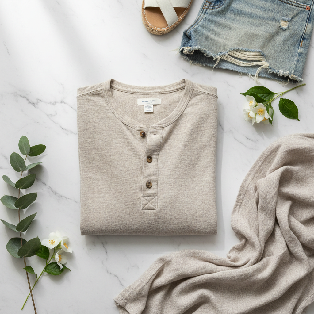 Men's Cotton Linen Henley Shirt lifestyle flat lay on marble with green leaves and white flowers