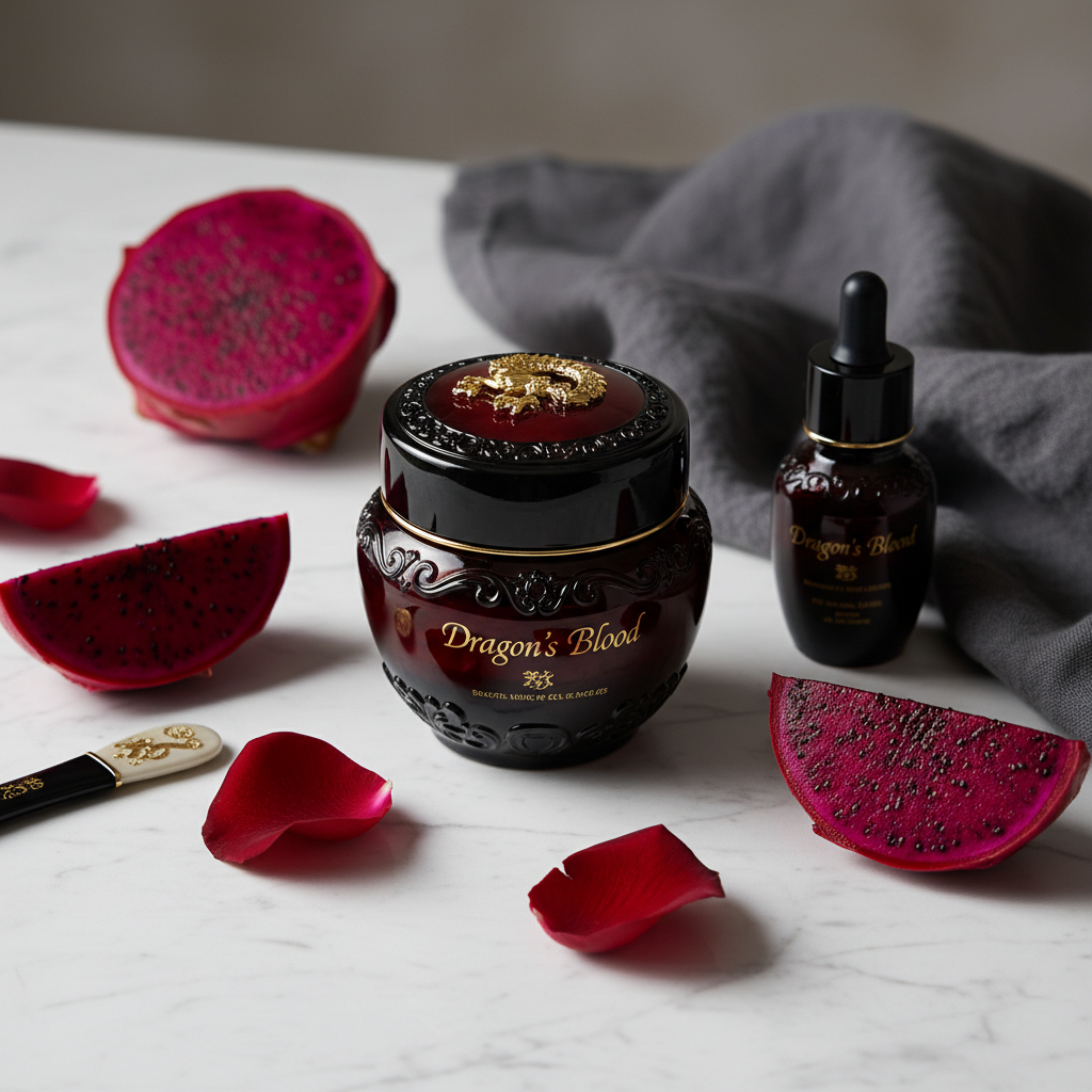 Dragon's Blood Face Cream lifestyle flat lay on marble with red dragon fruit and dark rose petals