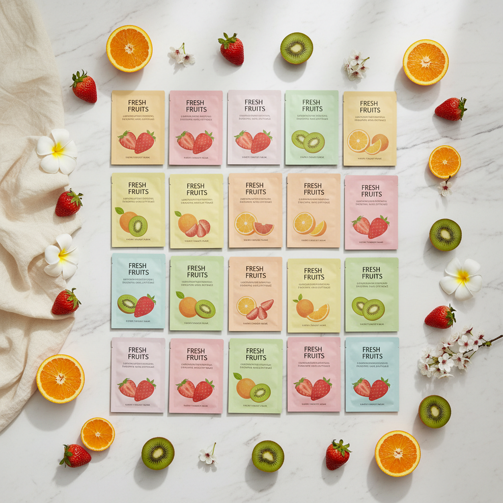 30pcs Fresh Fruits Facial Sheet Masks lifestyle flat lay on marble with fresh strawberries, oranges and kiwi slices
